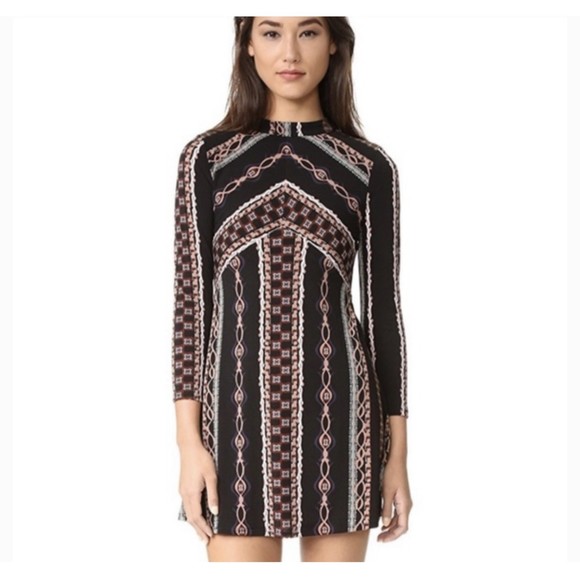 FREE PEOPLE Black Geometric Mock Neck A-Line Mini Dress - Picture 1 of 6